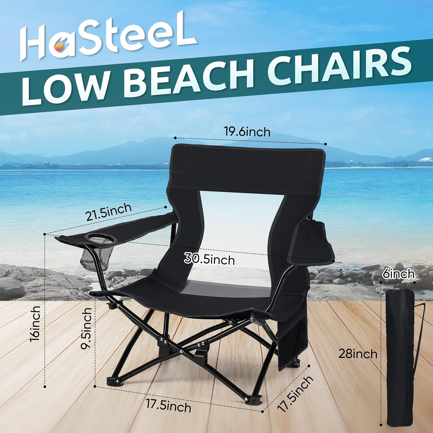 HaSteeL Low Beach Chairs, 2Pcs Folding Camping Lawn Chairs – Black